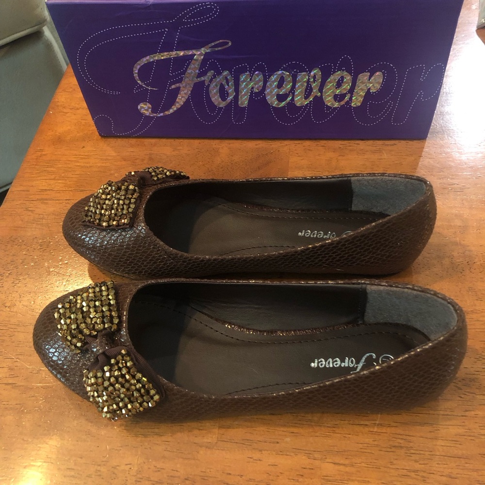Brown Sparkly Bow Ballet Flats